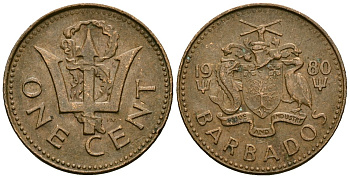 Барбадос 1 цент 1980 сломанный трезубец Британии KM 10 бронза 4136-832