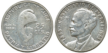Куба 25 сентаво 1953 100 лет со дня рождения Хосе Марти KM 27 серебро 72-521