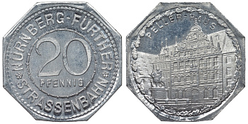Германия, Нюрнберг - Фюрт 20 пфеннигов ND трамвайный жетон, Пеллер-хаус алюминий UNC 4119-744