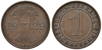 Германия 1 рейхспфенниг 1929 A KM 37, J. 313 бронза 4124-119