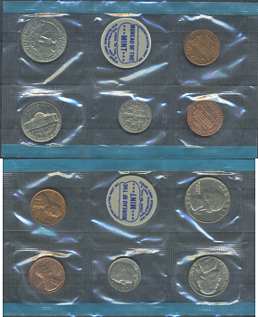 США набор из 4 монет (1, 5, 10 (дайм)и 25 (квотер, 1/4 доллара)) и отметки монетного двора 1969 в оригинальной упаковке, в запайке KM 164a, A192, 195a и 201 UNC 8-2-06-09