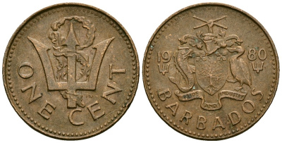 Барбадос 1 цент 1980 сломанный трезубец Британии KM 10 бронза 4136-832