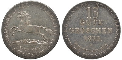 Брауншвейг-Каленберг-Ганновер 16 гутергрошенов 1833 A, Вильгельм IV (1830-1837) J. 33, AKS 66, Kahnt 212 серебро  aUNC  11-119-57
