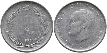 Турция 1 лира 1959 Мустафа Кемаль Ататюрк KM 889а.1 нержавеющая сталь 4541-232