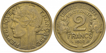 ФРАНЦИЯ 2 ФРАНКА 1932 ТИП MORLON KM 886, LE FRANC 268.3 алюминиевая бронза 114-736