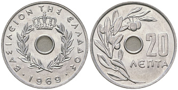 Греция 20 лепт 1969 Константин II (1964-1974), оливковая ветвь KM 79 алюминий UNC 106-721