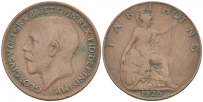 Великобритания 1 фартинг 1920 Георг V (1910-1936) KM 808.2 Spink 4060 бронза 187-144