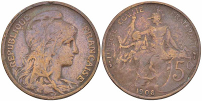 ФРАНЦИЯ 5 САНТИМОВ 1908 ТИП ДАНИЭЛЬ ДЮПЮИ KM 842, LE FRANC 119.19 бронза 108-857