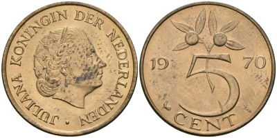 Нидерланды 5 центов 1970 Юлиана (1948-1980) KM 181 бронза 4579-631