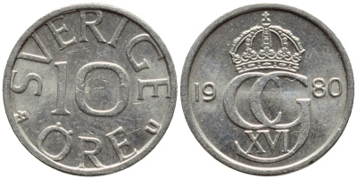 Швеция 10 эре 1980 Карл XVI Густав (1973- ) KM 850 медно-никель 4396-531