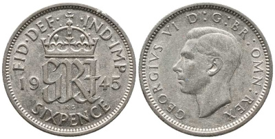 Великобритания 6 пенсов 1945 Георг VI (1936-1952) KM 852, Spink 4084 серебро  1518-521