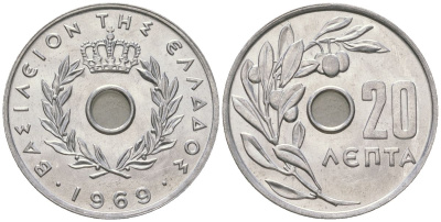 Греция 20 лепт 1969 Константин II (1964-1974), оливковая ветвь KM 79 алюминий UNC 106-721