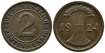 ГЕРМАНИЯ 2 РЕНТЕНПФЕННИГА 1924 D KM 31, J.307 бронза 86-1443