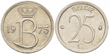 Бельгия 25 сантимов 1975 Belgie, Бодуэн I (1951-1993) KM 154.1 медно-никель UNC 3996-1142