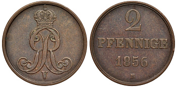 Брауншвейг-Каленберг-Ганновер 2 пфеннига 1856 B, Георг V (1851-1866) KM 217,  AKS 152, J. 84 медь 4142-154