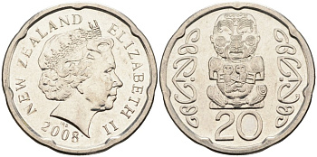 Новая Зеландия 20 центов 2008 Елизавета II (1952-2022), идол Пукаки KM 118а никелированная сталь 4579-1241