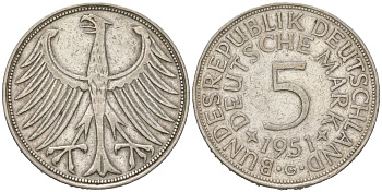 ФРГ 5 марок 1951 G KM 112, J 387, Schon 110 серебро 4536-414