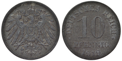 Германия 10 пфеннигов 1919 KM 26, J. 299, Weege 8 цинк 4119-414
