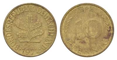 ФРГ 10 пфеннигов 1971 D KM 108, J. 383 сталь плакированная латунью 4618-1237