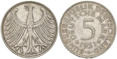 ФРГ 5 марок 1951 G KM 112, J 387, Schon 110 серебро 4536-414