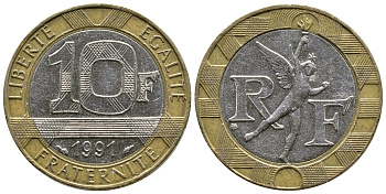 Франция 10 франков 1991 тип гений Бастилии KM 964.1, Le Frank 375.6 биметалл 51-4734