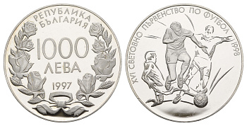 Болгария 1000 левов 1997 XVI Чемпионат мира по футболу KM 233 серебро PROOF 413-4942