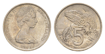Новая Зеландия 5 центов 1967 Елизавета II (1952-2022), ящерица гаттерия KM 34 медно-никель 4651-162