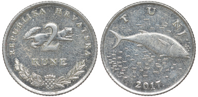 Хорватия 2 куны 2017 тунец, легенда на хорватском KM 10 медно-никель aUNC 4513-851