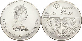 Канада 5 долларов 1976 XXI летние Олимпийские игры в Монреале 1976 года, фехтование KM 107 серебро UNC 1091-3-22