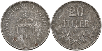 Венгрия 20 филлеров 1916 КВ, Карл I (1916-1918) KM 498 железо 4151-969