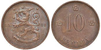 Финляндия 10 пенни 1938 KM 24 медь 51-3023