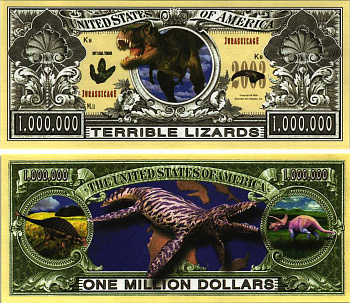 США 1000000 ДОЛЛАРОВ 2002 СУВЕНИРНАЯ БАНКНОТА, ПАРК ЮРСКОГО ПЕРИОДА 2003, УЖАСНЫЕ ЯЩЕРЫ, ТИРАНОЗАВР, ДИНОЗАВРЫ бумага UNC (ПРЕСС) 7198-39-3-2