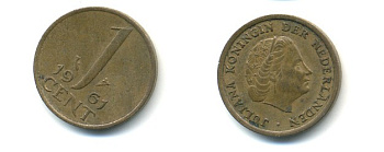 Нидерланды 1 цент 1961 Юлиана (1948-1980) КМ 180 бронза 80-957