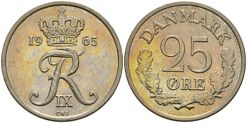 Дания 25 эре 1965 Фредерик IX (1947-1972) KM 850 медно-никель 4579-313