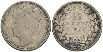 Нидерланды 25 центов 1905 Вильгельмина (1890-1948) KM 120.2 серебро 66-1138