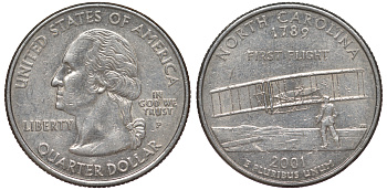 США 25 центов = квотер 2001 Р, серия штаты США, Северная Каролина KM 319 медь плакированная медно-никелем 4538-254