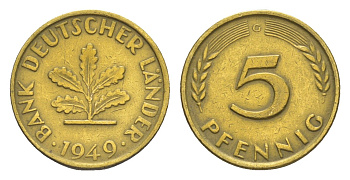 ФРГ 5 пфеннигов 1949 G KM 102, J. 377 сталь плакированная бронзой 4164-214