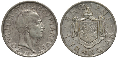 Албания 1 франга ари 1935 R, Ахмет Зогу I (1928-1939) KM 16 серебро 441-1432