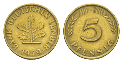 ФРГ 5 пфеннигов 1949 G KM 102, J. 377 сталь плакированная бронзой 4164-214
