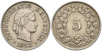 ШВЕЙЦАРИЯ 5 РАППЕНОВ 1942 В KM 26 медно-никель 4532-938
