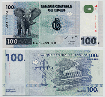 Конго 100 франков 2000 ГЭС, слон Pick 92A бумага UNC (пресс) 6279-9-1-2