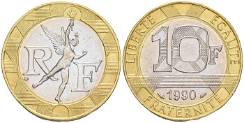 Франция 10 франков 1990 тип Гений Бастилии KM 964.1, Le Frank 375.5 биметалл 4556-151