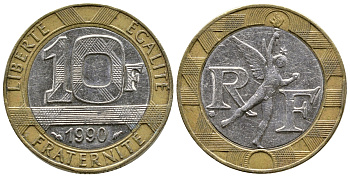 Франция 10 франков 1990 тип Гений Бастилии KM 964.1, Le Frank 375.5 биметалл 51-4724