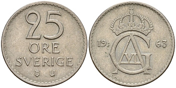 Швеция 25 эре 1963 Густав VI Адольф (1950-1973) KM 836 медно-никель 4152-445