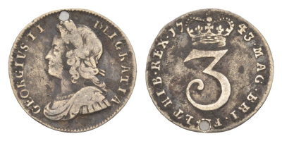 Великобритания 3 пенса 1743 Георг II (1727-1760) KM 569, Spink 3713B серебро 1526-434