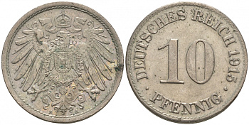 ГЕРМАНИЯ 10 ПФЕННИГОВ 1915 A J. 13, KM 12 медно-никель 73-1453