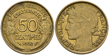 Франция 50 сантимов 1932 KM 894.1, Le Franc 192.15 алюминиевая бронза 4596-747