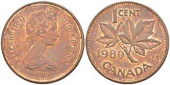 Канада 1 цент 1980 Елизавета II (1952-2022), кленовый лист KM 127 бронза 4181-1261