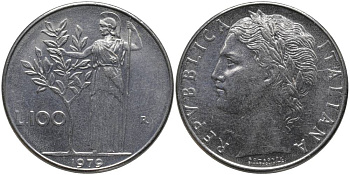 ИТАЛИЯ 100 ЛИР 1979 R, АФИНА KM 96.1 нержавеющая сталь 109-923