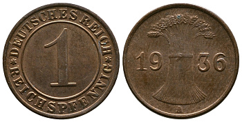 Германия 1 рейхспфенниг 1936 A KM 37, J. 313 бронза 4220-142